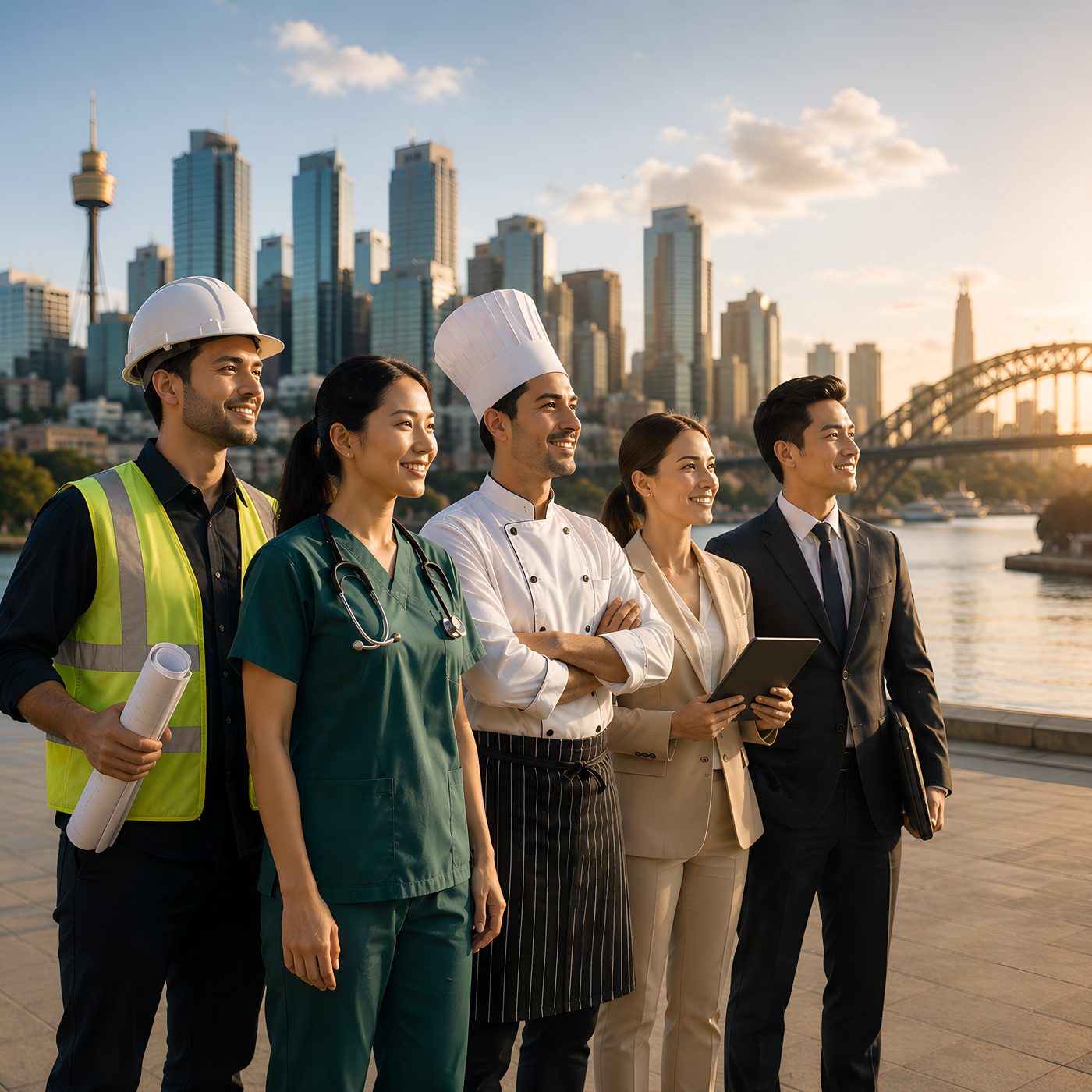 Professionals from engineering, healthcare, hospitality and business standing together against the Sydney skyline