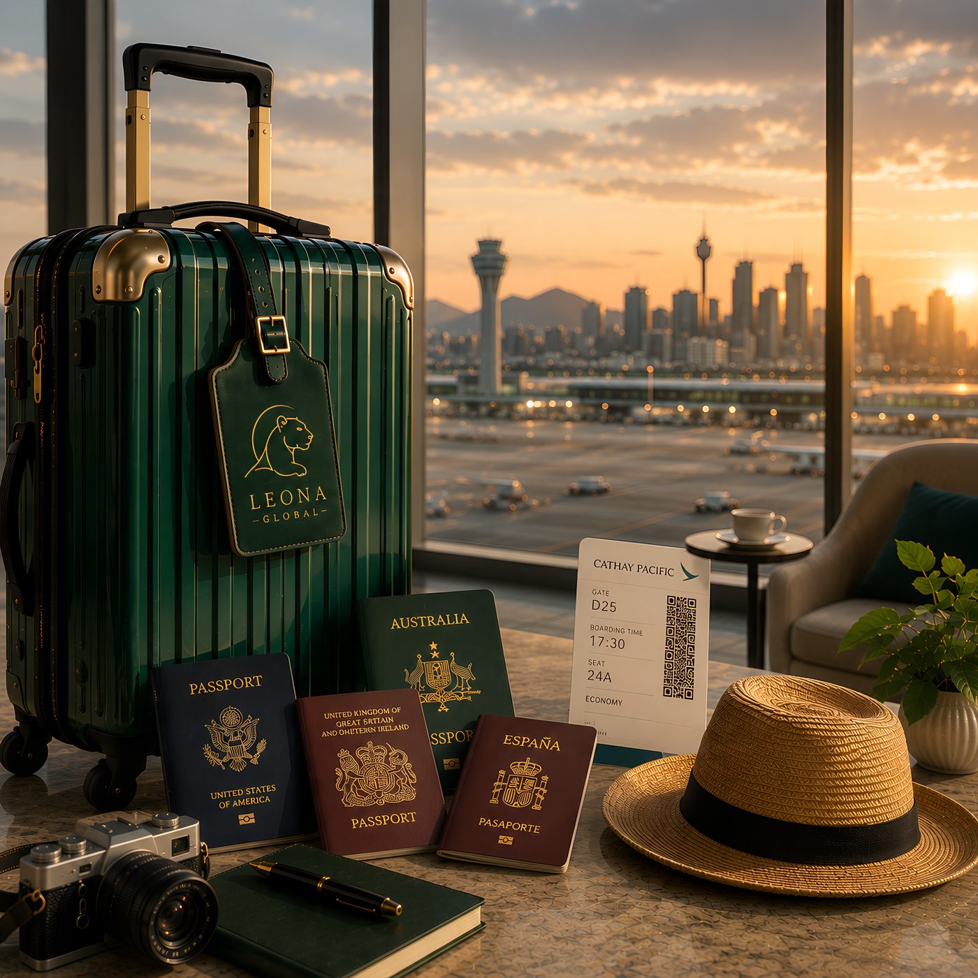 Green suitcase with a Leona Global luggage tag, passports and travel items in an airport lounge at sunset